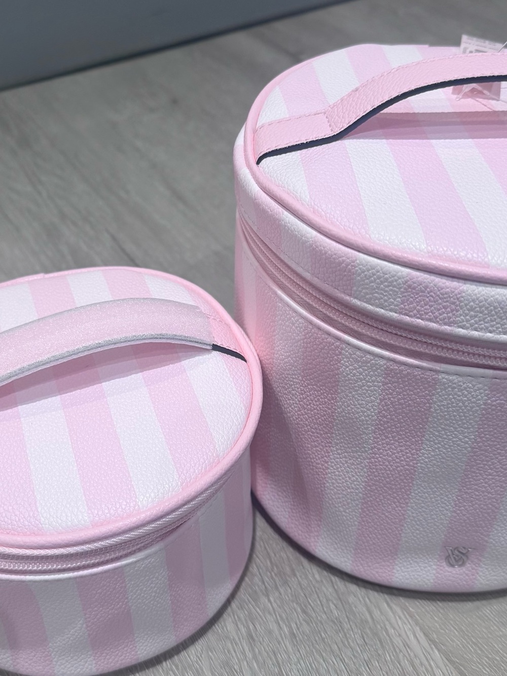 2 VS Pink Striped Round Cosmetic Cases with Top Handle - Women Bags